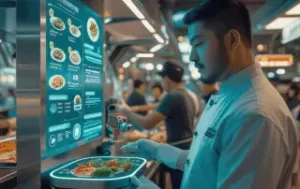 Chef utilizando tecnologia com inteligência artificial no food service para análise de cardápio e operação.