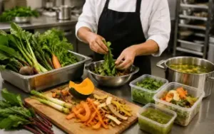 Profissional de cozinha utilizando sistemas Teknisa aproveitando integralmente os alimentos